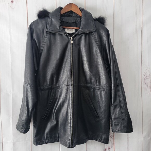Blushe By Spiegel Classic Vintage Black Leather Jacket w/ Removable Fur Trim EUC - Picture 1 of 11